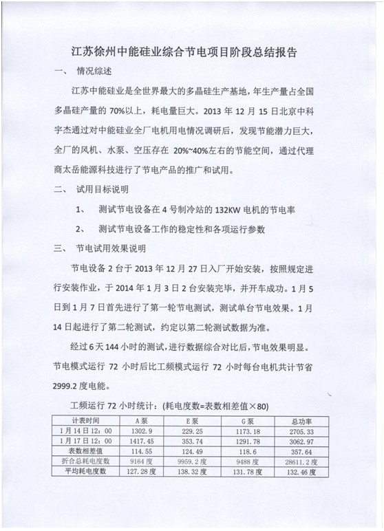 江蘇中能硅業科技發展有限公司節電項目總結報告1 江蘇中能硅業科技發展有限公司節電項目總結報告1